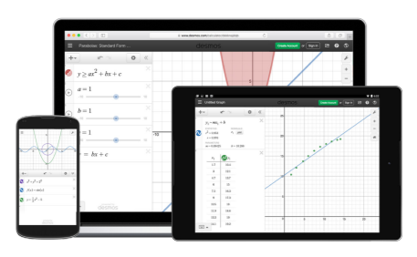 Desmos simulations on a phone, tablet, and PC