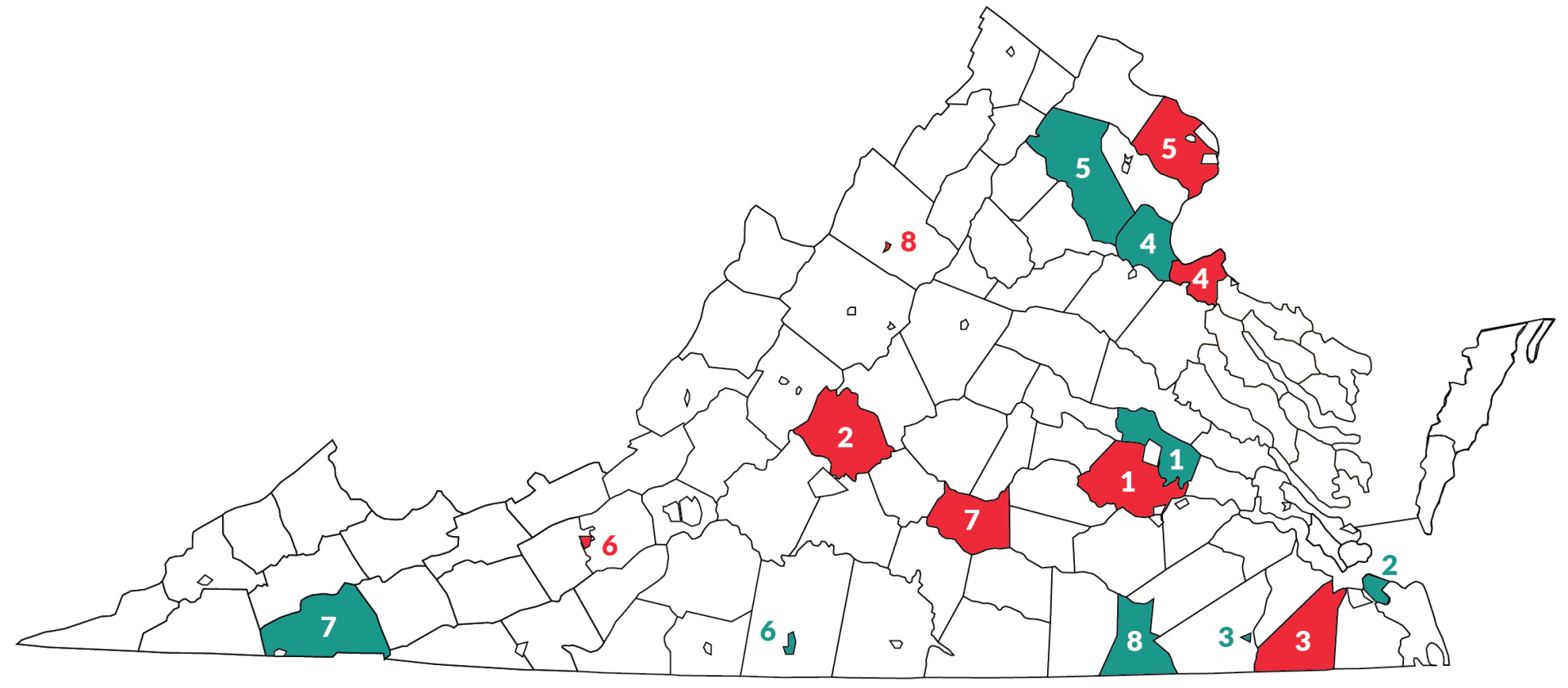 Map Virginia showing location of VFVK cohorts 